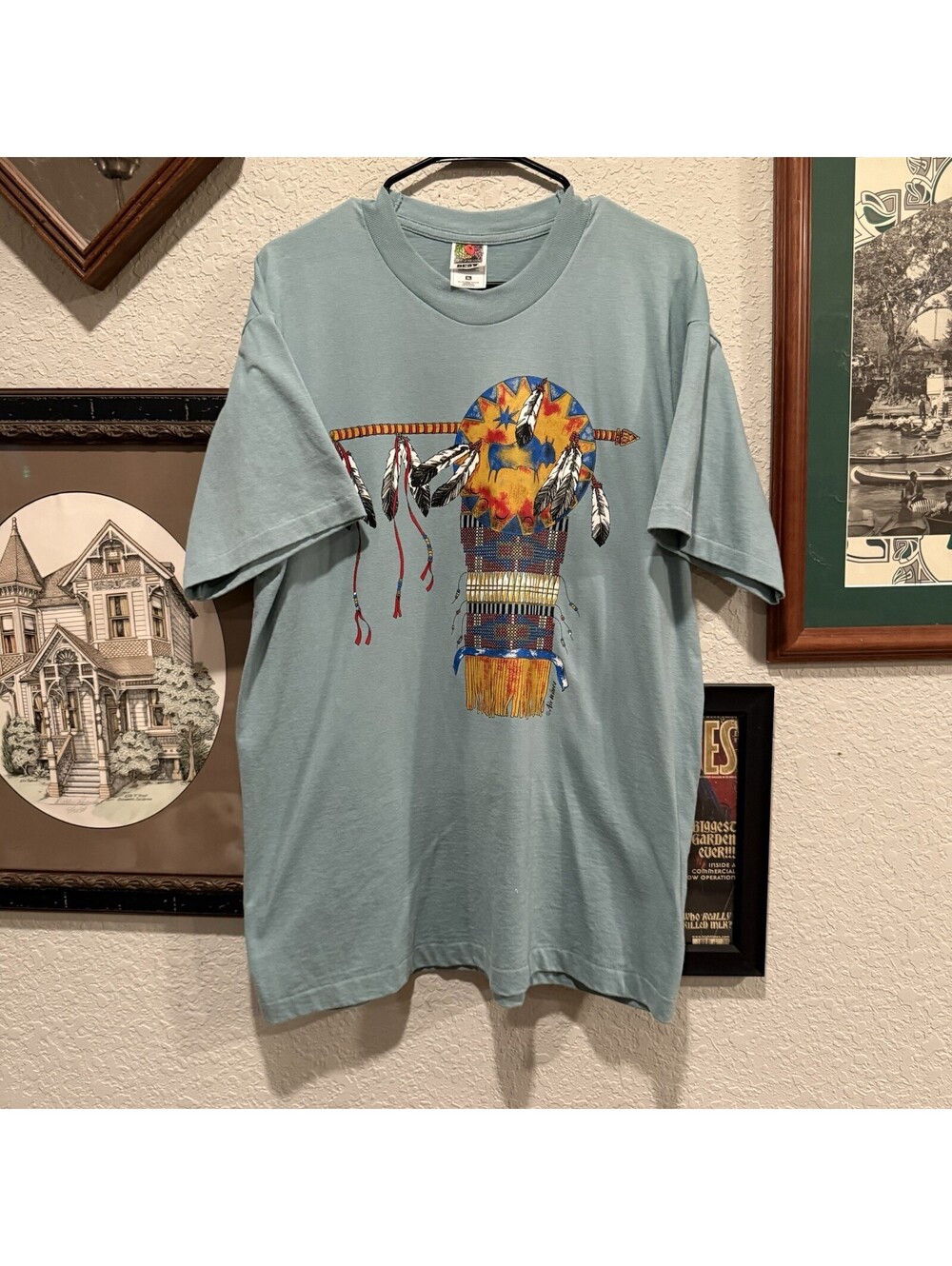 Vintage 90s Native American Green Aztec Buffalo Nature Men’s Shirt Size XL